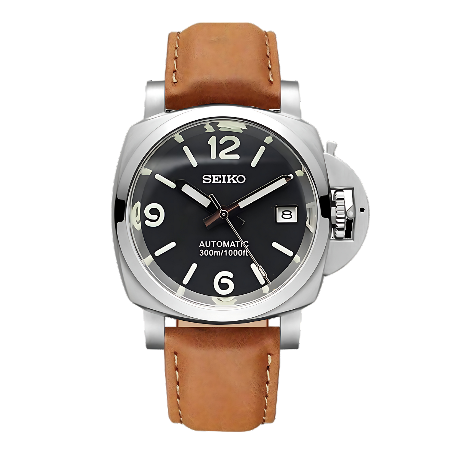 Seiko Moddys Paneiko – Seiko Mod Automatikuhr mit schwarzem Zifferblatt, Edelstahlgehäuse und braunem Lederarmband