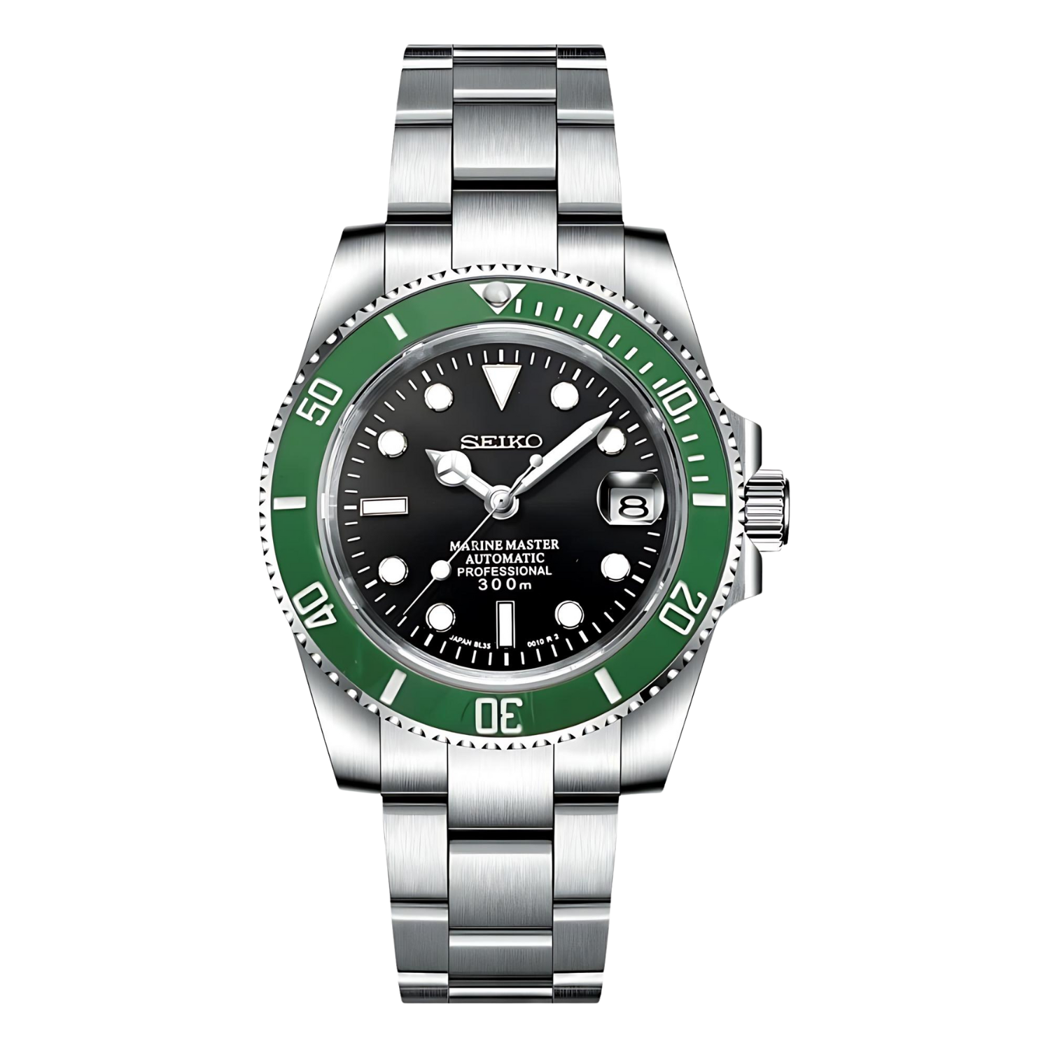 Seiko Moddys Submariner Mod SEIKOMARINER Green – exklusive Seiko Mod Automatikuhr mit schwarzem Zifferblatt, grüner Lünette und Edelstahlarmband