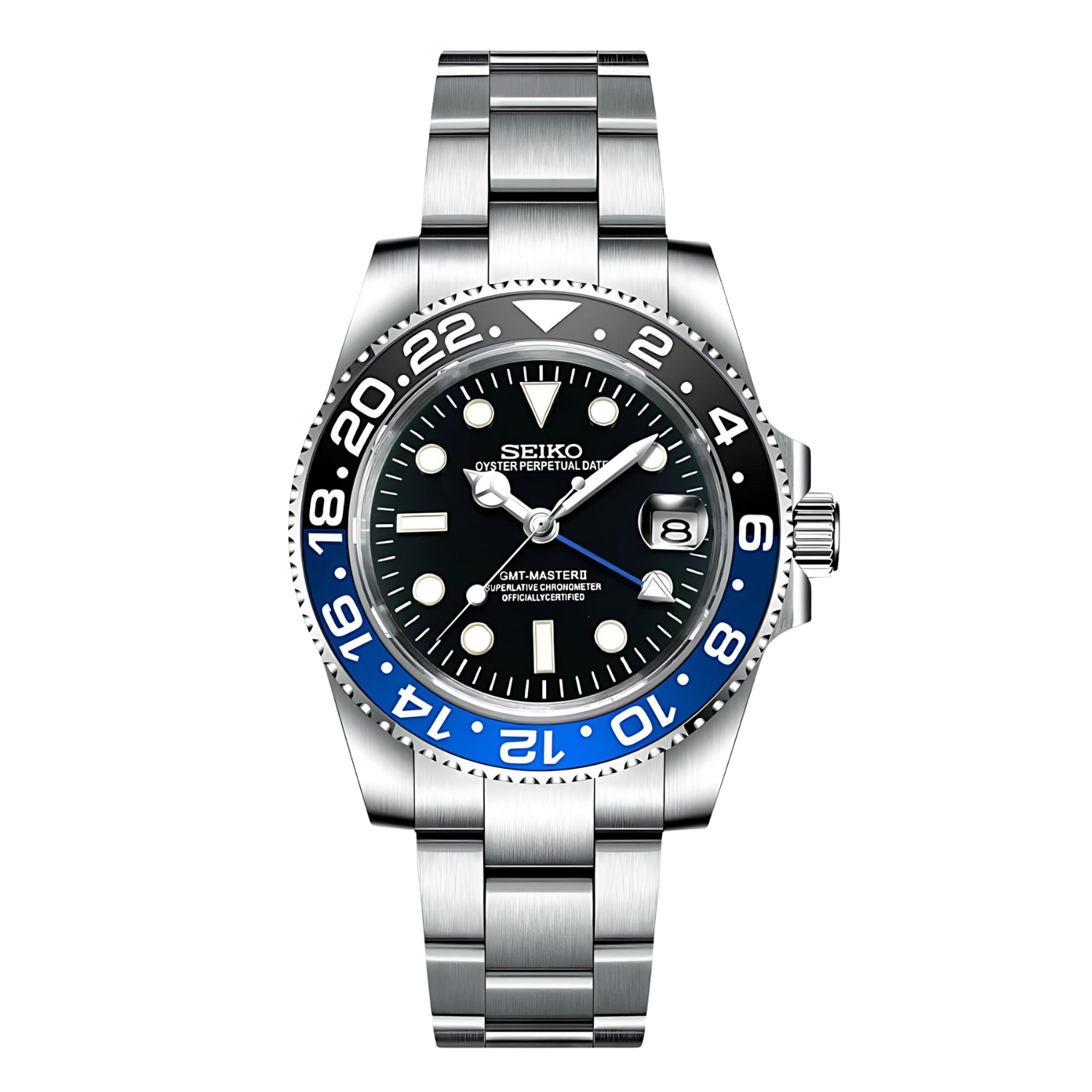 Seiko Moddys Gmteiko – exklusive Seiko Mod GMT Automatikuhr mit schwarzem Zifferblatt, zweifarbiger blau-schwarzer Lünette und Edelstahlarmband