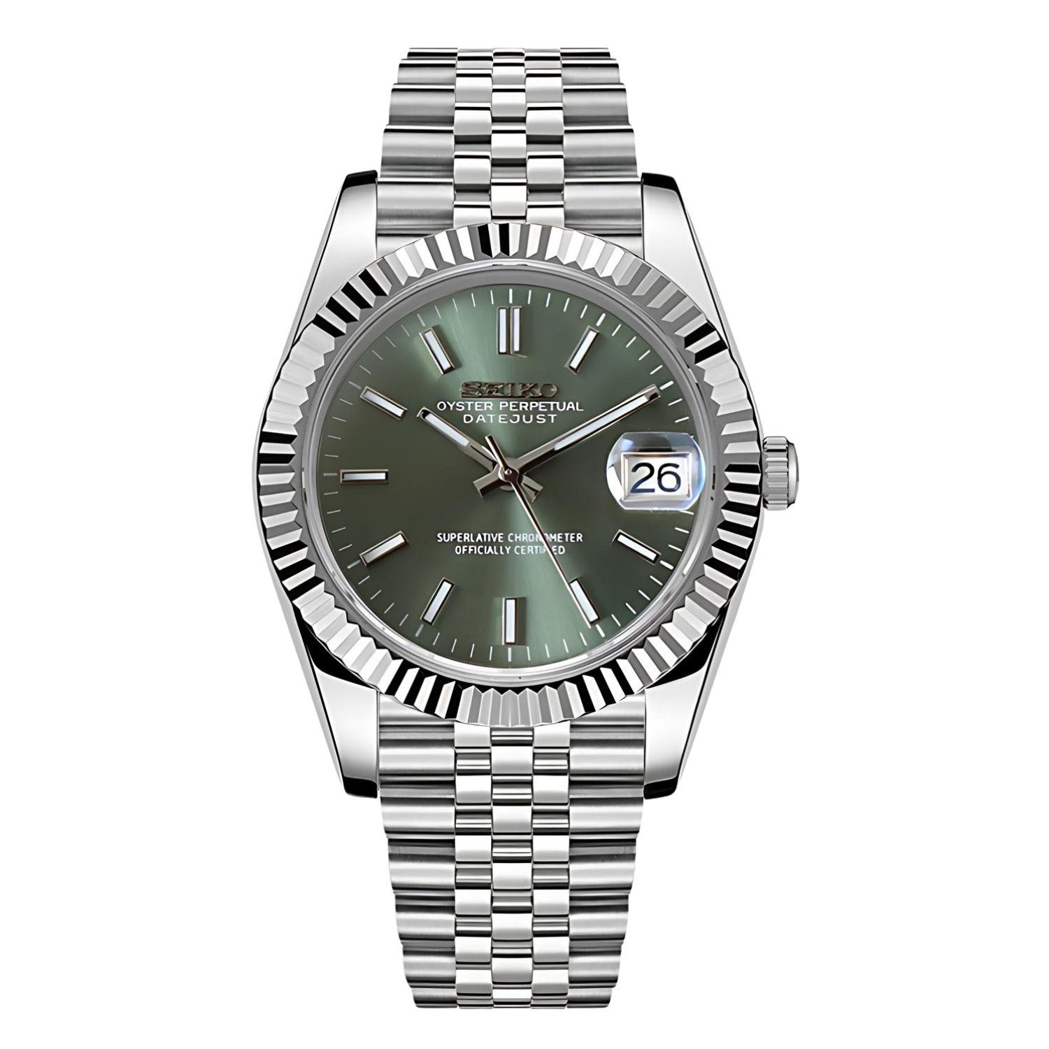 Luxuriöse Armbanduhr im Stil der Rolex Datejust mit grünem Zifferblatt, silbernem Gehäuse und Jubilé-Armband – Teil der Seikojust-Kollektion.