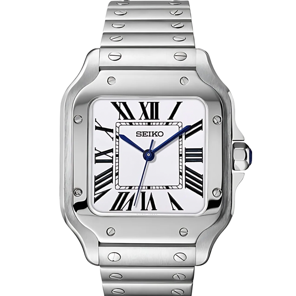 Seiko Mod Santos White – Klassische Uhr mit weißem Zifferblatt, römischen Ziffern und Edelstahlarmband