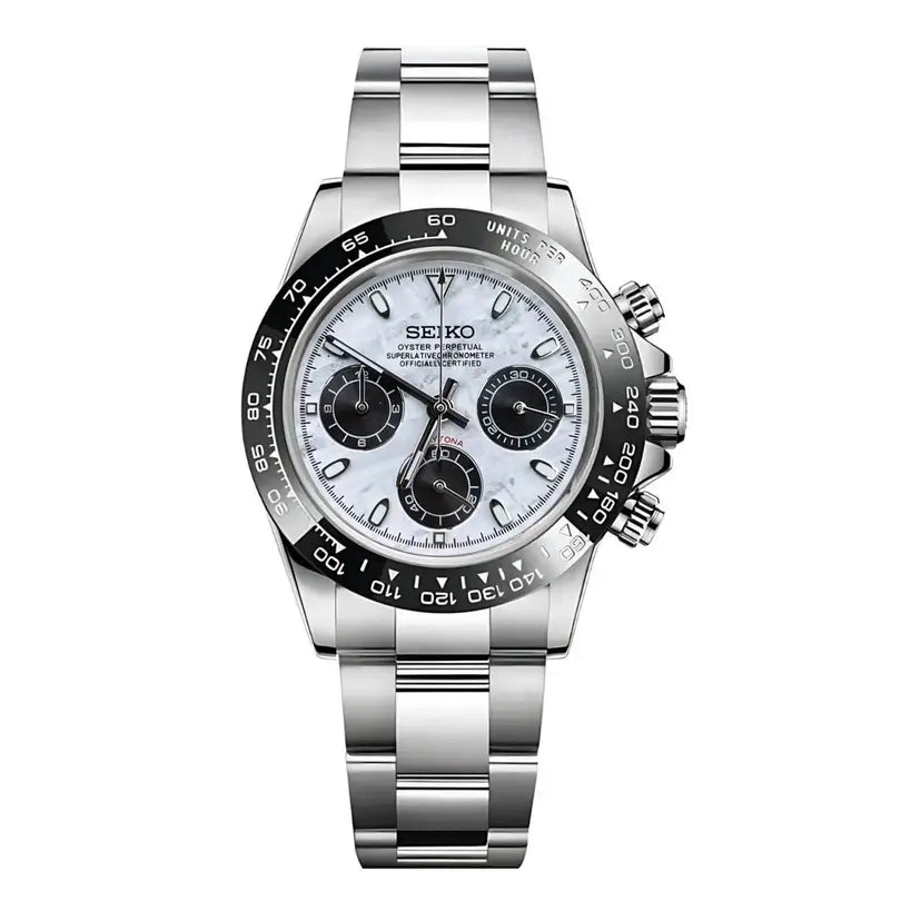 Seiko Mod Daytona Meteorite. Watch with genuine meteorite dial, black tachymeter bezel, and polished stainless steel bracelet inspired by the legendary Daytona design.