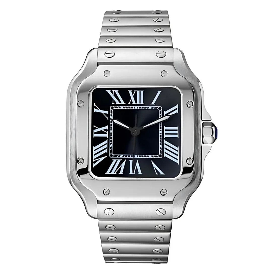 Seiko Mod Santos Black – Edelstahl mit schwarzem Zifferblatt und römischen Ziffern