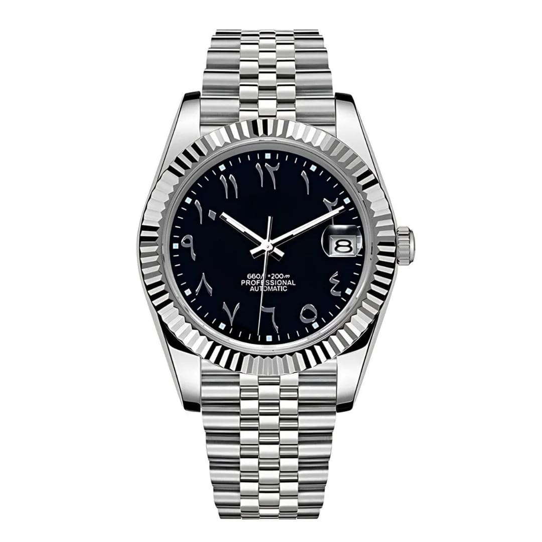Seiko Mod Datejust mit schwarzem Zifferblatt, arabischen Ziffern und Edelstahlarmband