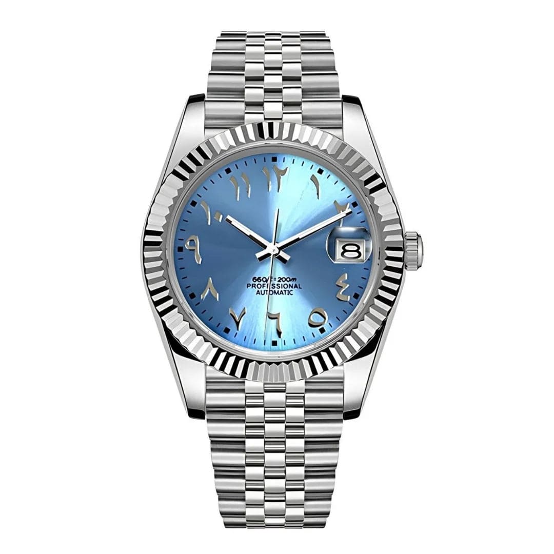 Seiko Mod Datejust mit eisblauem Zifferblatt, arabischen Ziffern und Edelstahlarmband