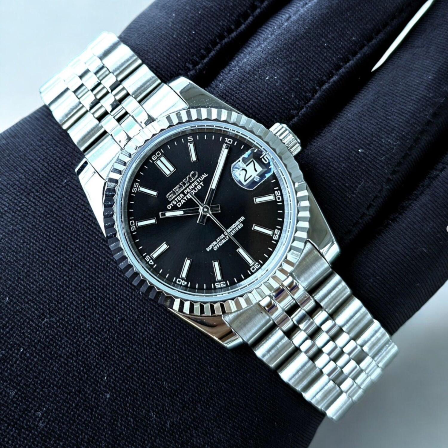 Seiko Mod Datejust Black Dial horizontal view highlighting polished links and steel case