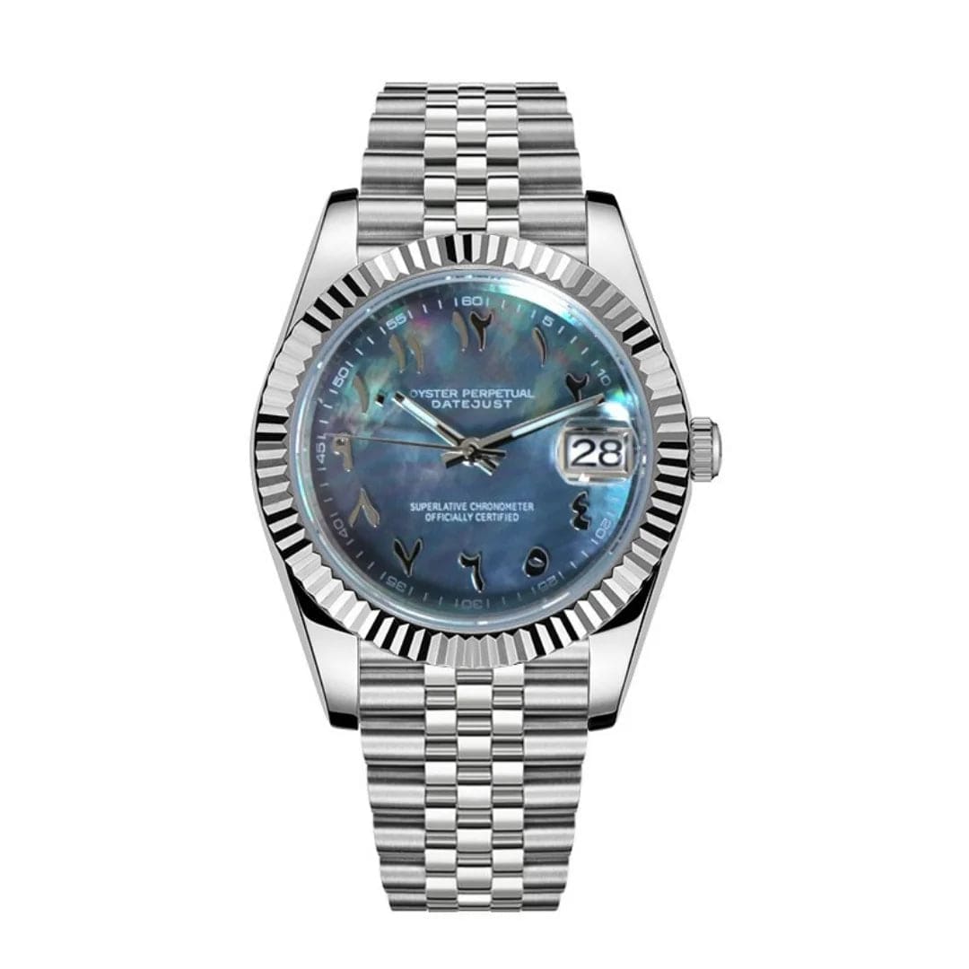 Seiko Mod Datejust Cosmos Arabic Automatik Uhr mit blauem Perlmutt Zifferblatt und arabischen Ziffern