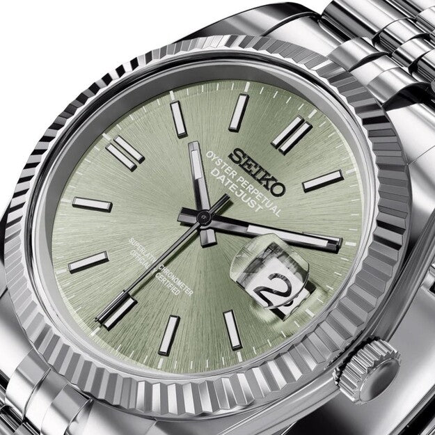 Seiko Moddys Datejust Mint Green Dial watch macro shot showing sunburst dial and magnified date window