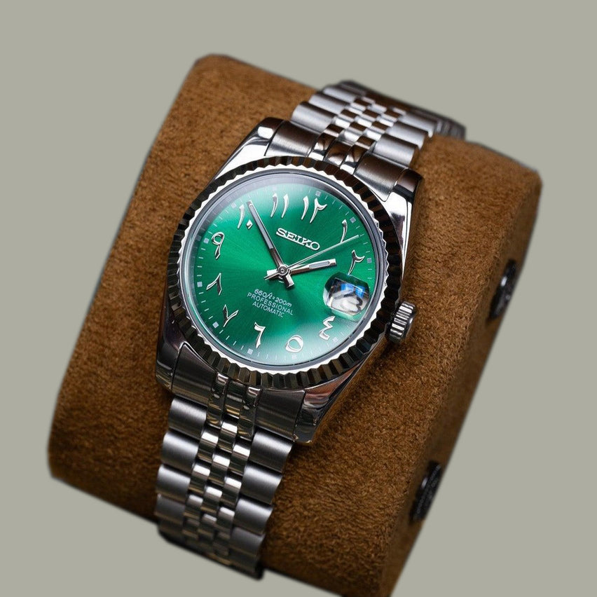 Seiko Mod Datejust Royal Green Arabic watch with vivid dial and jubilee bracelet