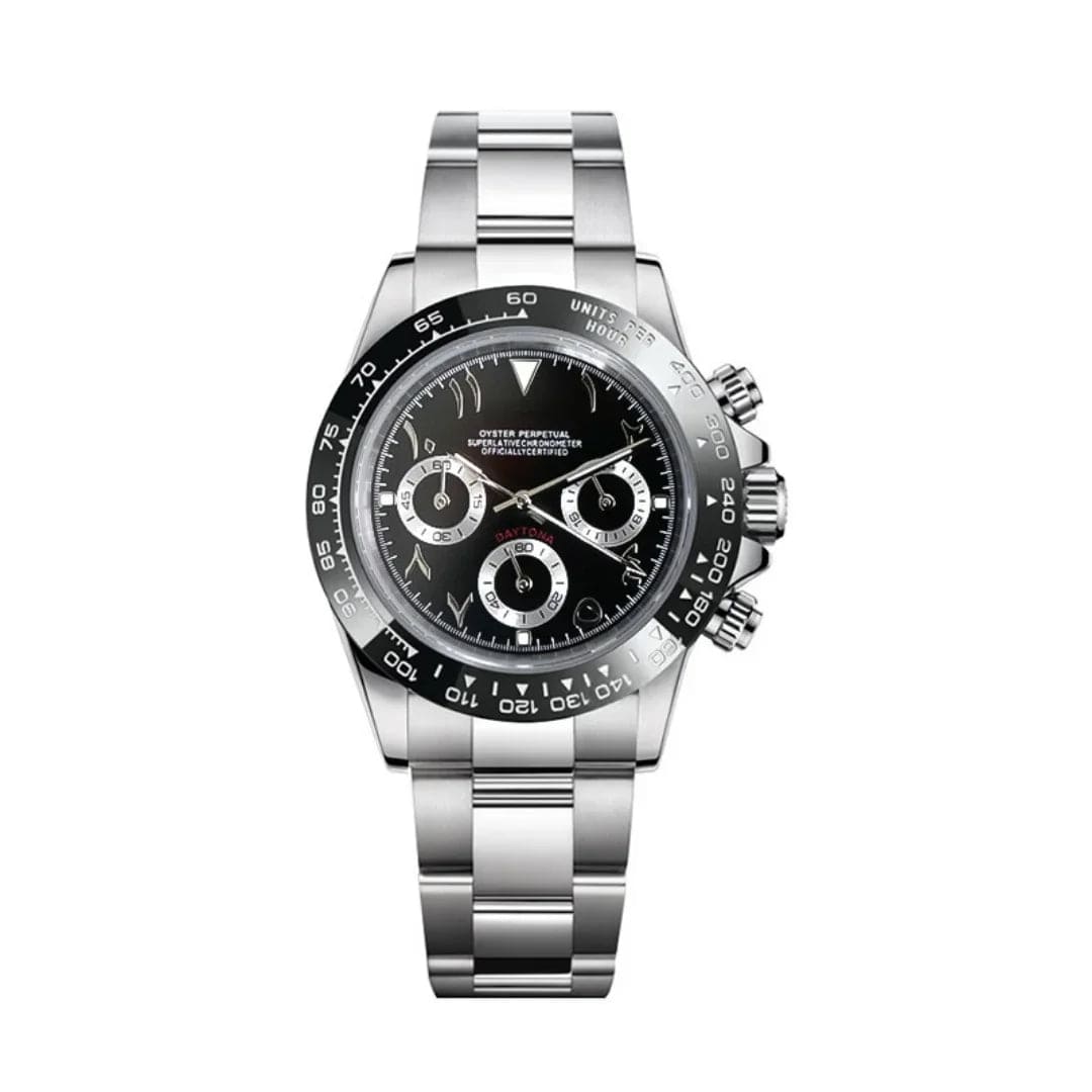 Seiko Mod Daytona Black Arabic Chronograph Uhr mit schwarzem Zifferblatt und arabischen Zahlen