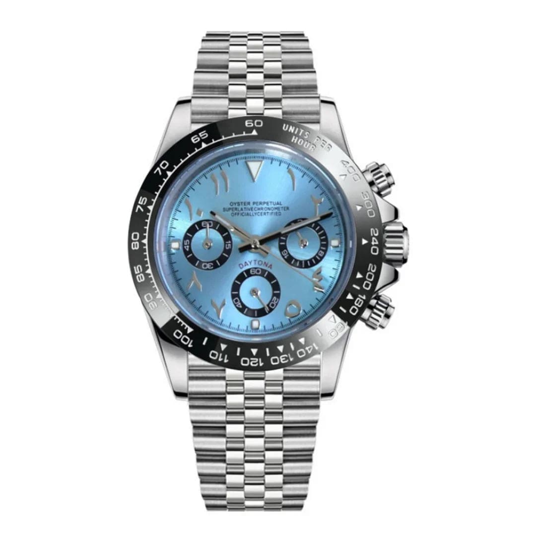 Seiko Mod Daytona Ice Blue Arabic Chronograph Automatik Uhr mit blauem Zifferblatt und arabischen Zahlen