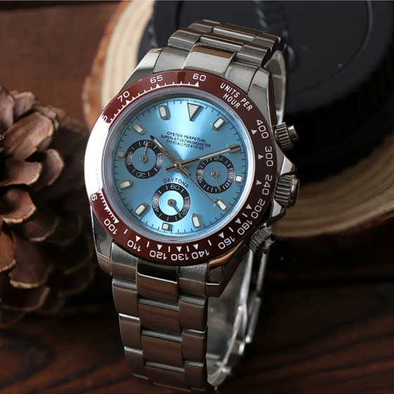 Right angled perspective of Seiko Mod Daytona Platinum on bracelet, ice-blue dial and brown bezel contrasting with steel case.