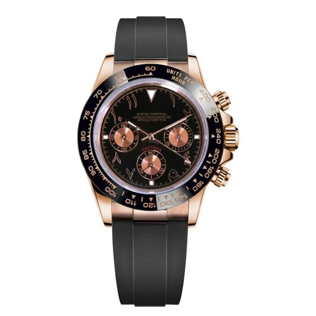 Seiko Mod Daytona Rose Gold Arabic Chronograph mit schwarzem Zifferblatt und arabischen Ziffern