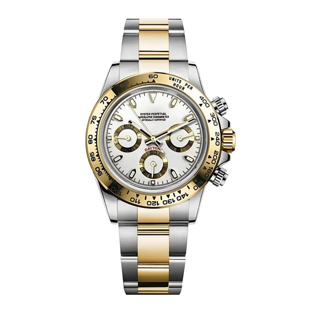 Seiko Mod Daytona Silver Gold White Zweifarbige Luxusuhr mit weißem Zifferblatt und goldenen Akzenten