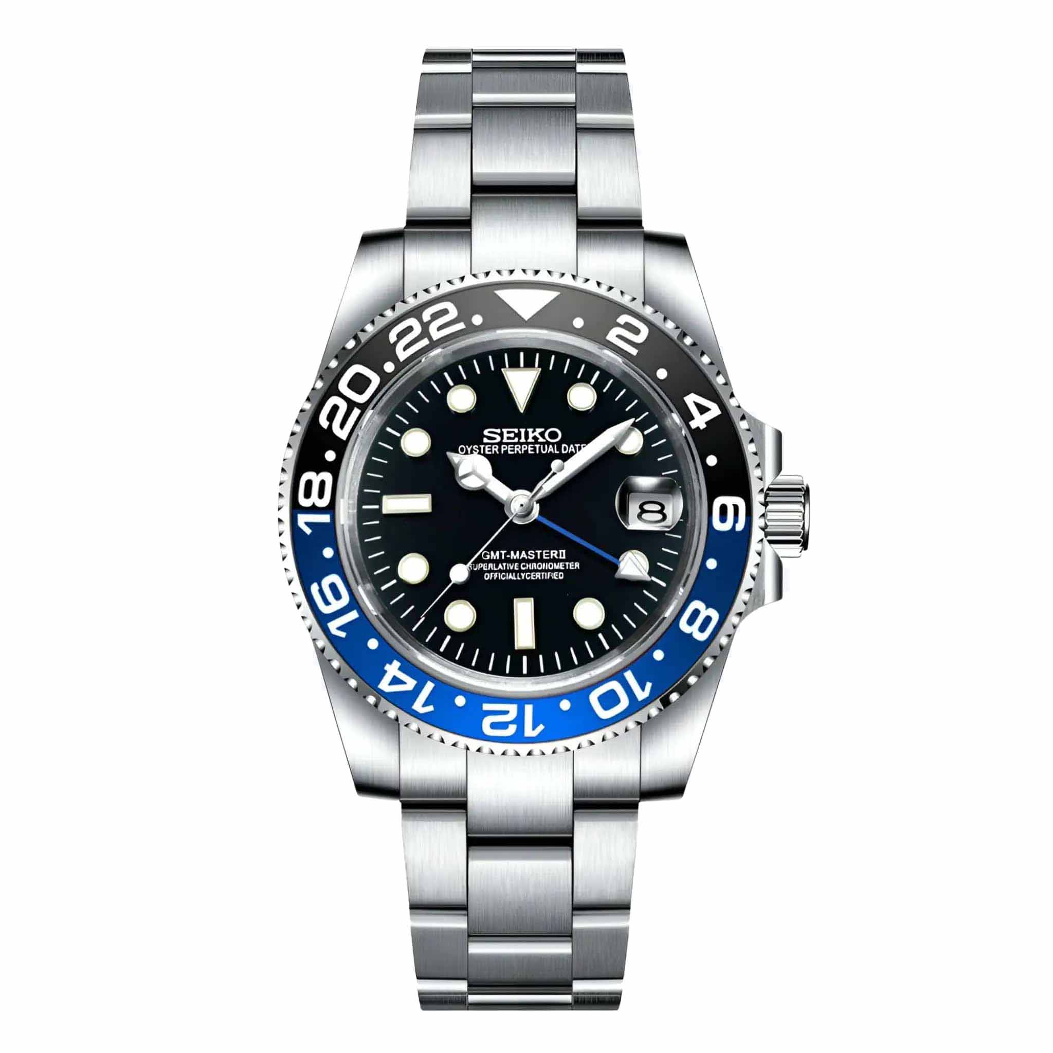 Seiko Mod GMT Batman – Automatik Uhr mit schwarzem Zifferblatt und blau- schwarzer GMT-Lünette