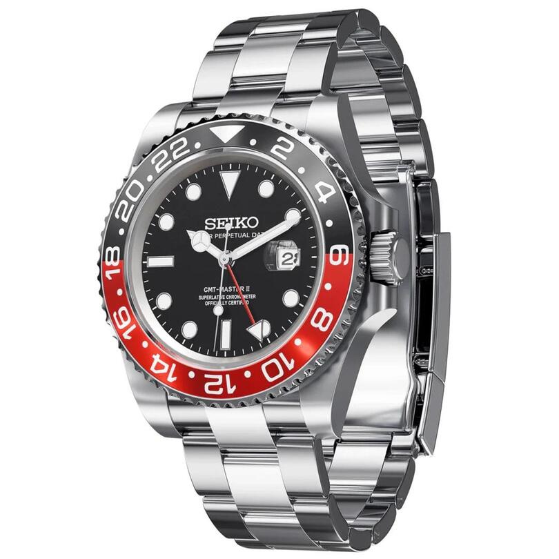 Right angled side view Seiko Mod GMT Coke showing bracelet links and crown alignment