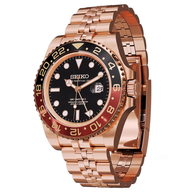 Angled left view Seiko Mod GMT Rootbeer Rose Gold highlighting polished case and two tone ceramic bezel