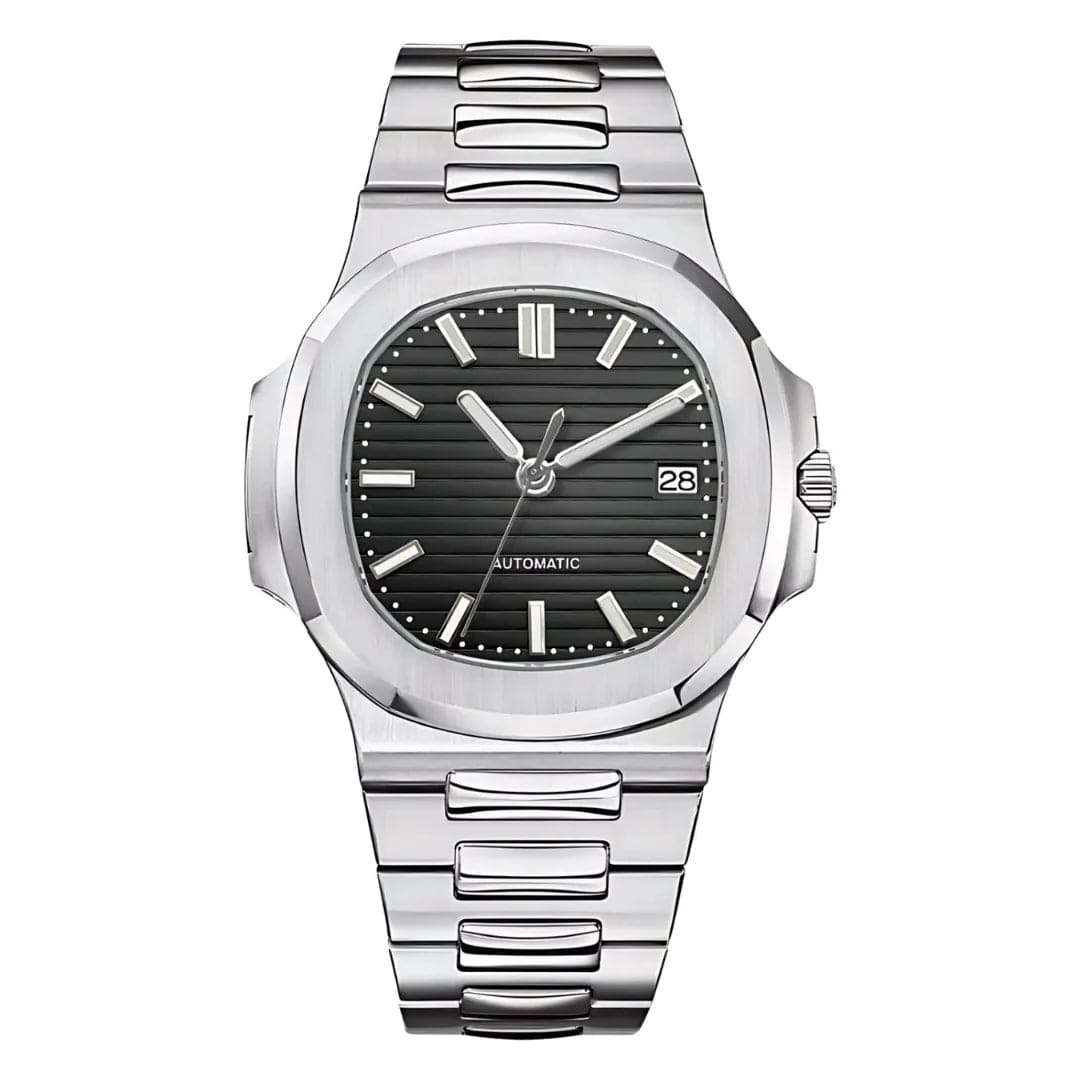 Seiko Mod Nautilus mit schwarzem Zifferblatt und Edelstahlarmband