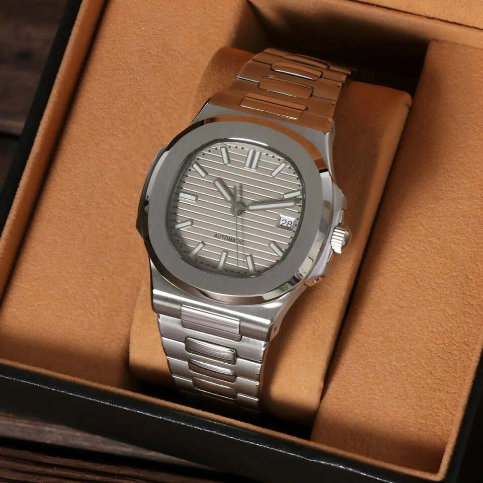 Seiko mod Nautilus cream dial presented in beige watch box with brushed steel bracelet