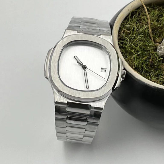 Top view of Seiko mod Nautilus minimalist highlighting rectangular links and uniform bracelet finish