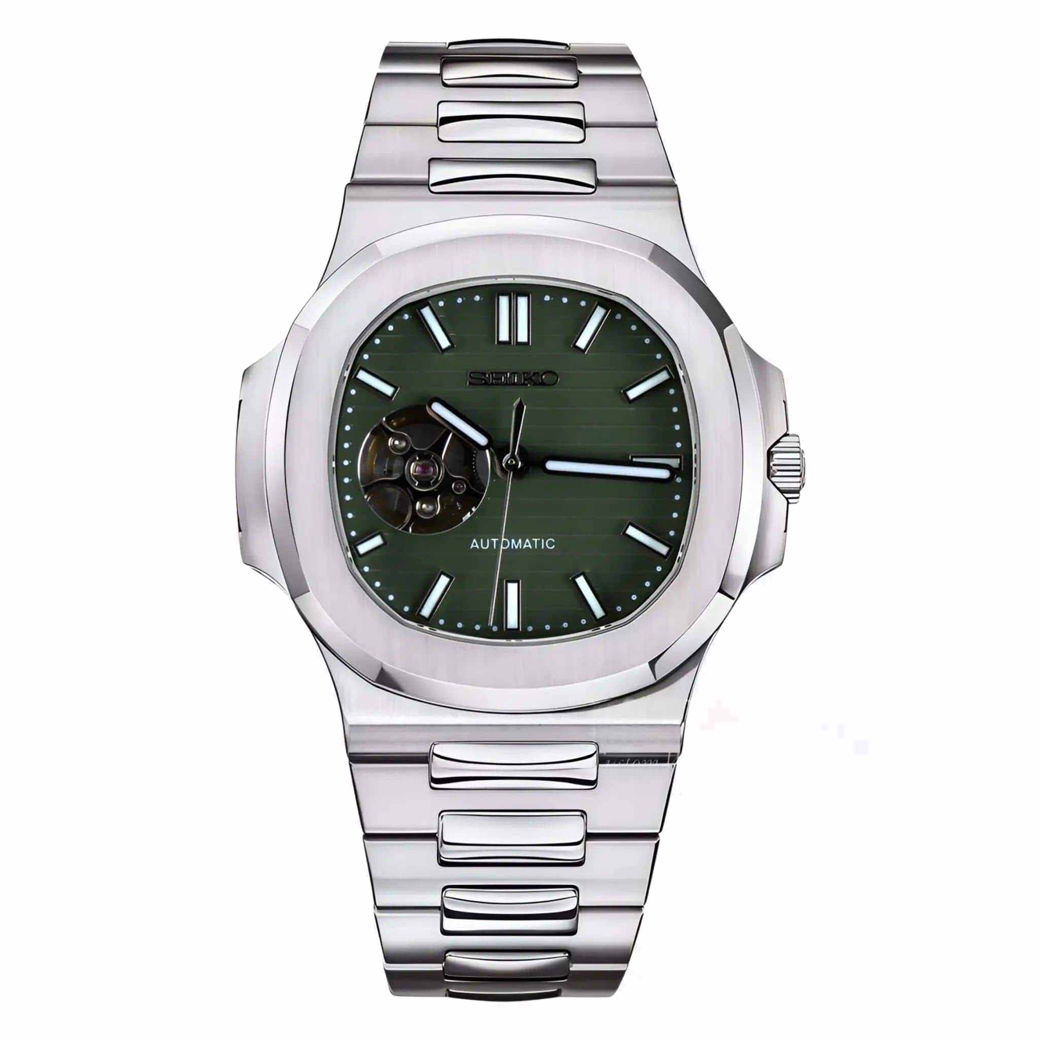 Seiko Moddys Nautilus mit olivgrünem Open- Heart-Zifferblatt und Edelstahlarmband