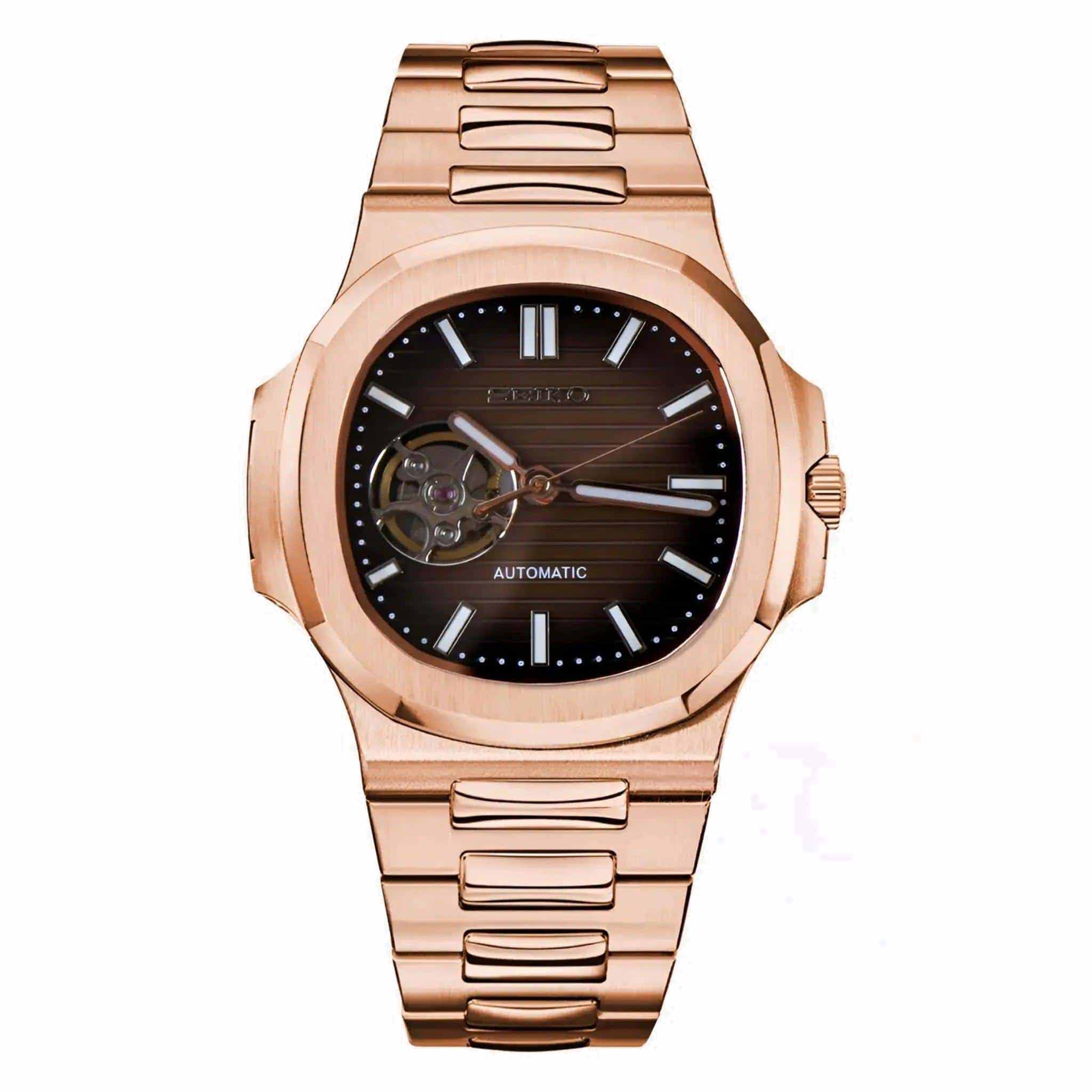 Seiko Moddys Nautilus in Roségold mit braunem Zifferblatt und Open-Heart-Design