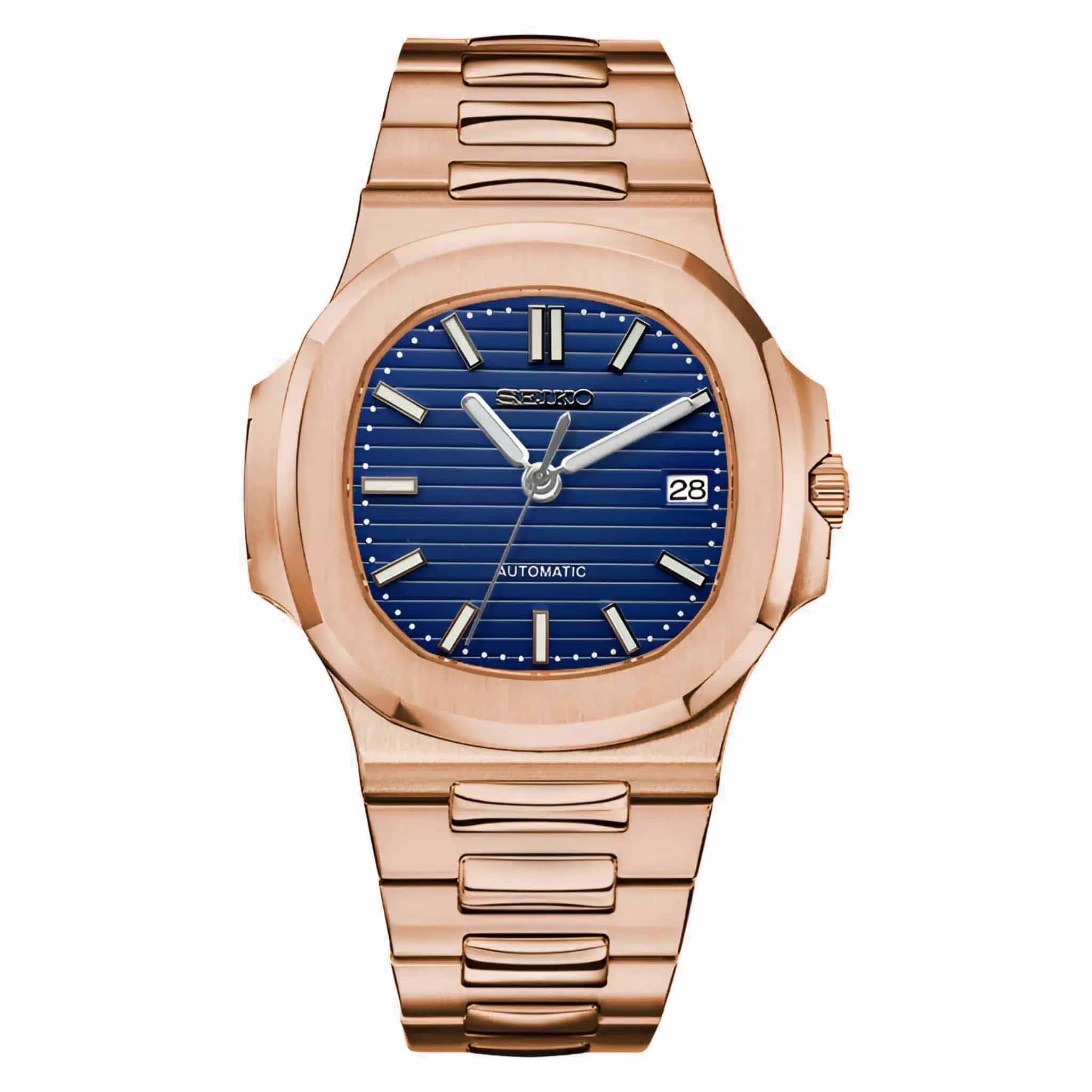 Seiko Mod Nautilus in Roségold mit königsblauem Zifferblatt und Datumsanzeige