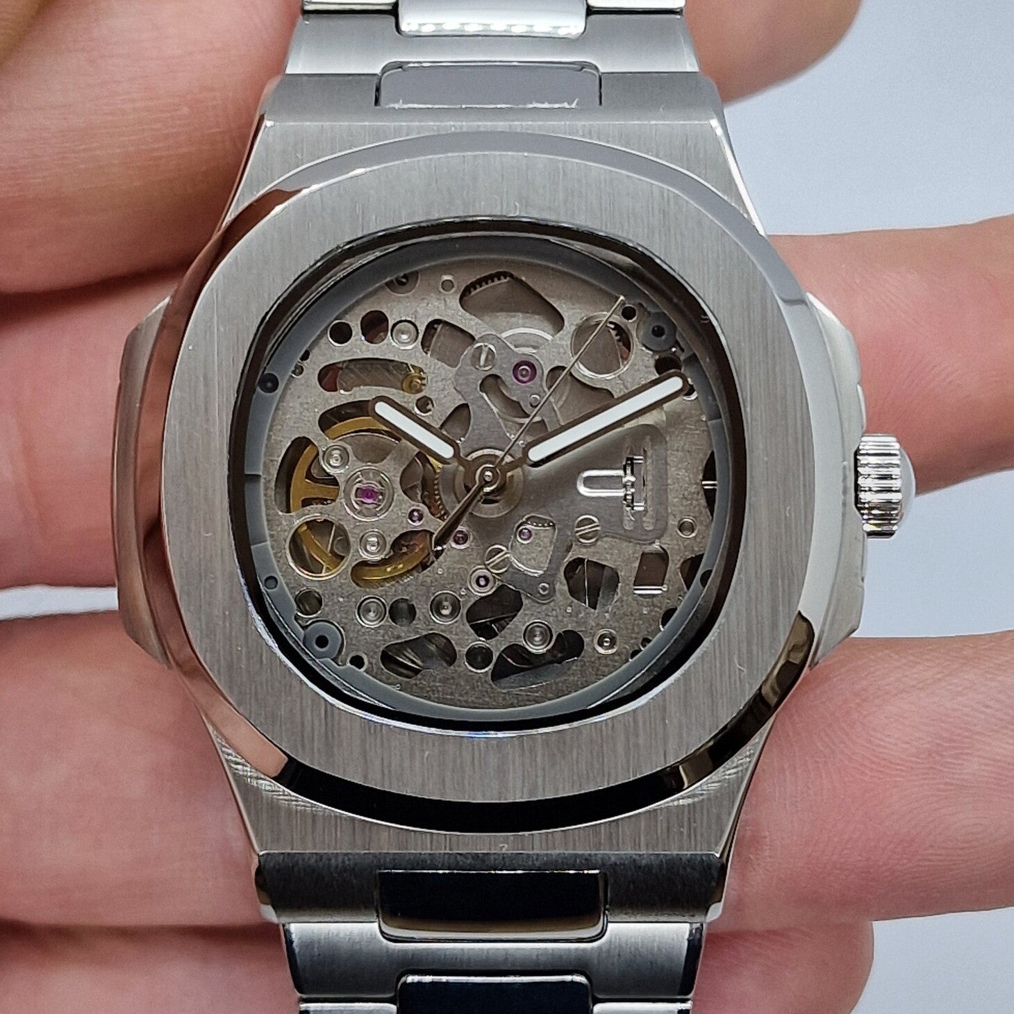 Front view Seiko Mod Nautilus Skeleton showing skeleton dial with visible gears and jewels