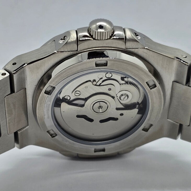 Back view Seiko Mod Nautilus Tiffany highlighting transparent case back and NH35 movement