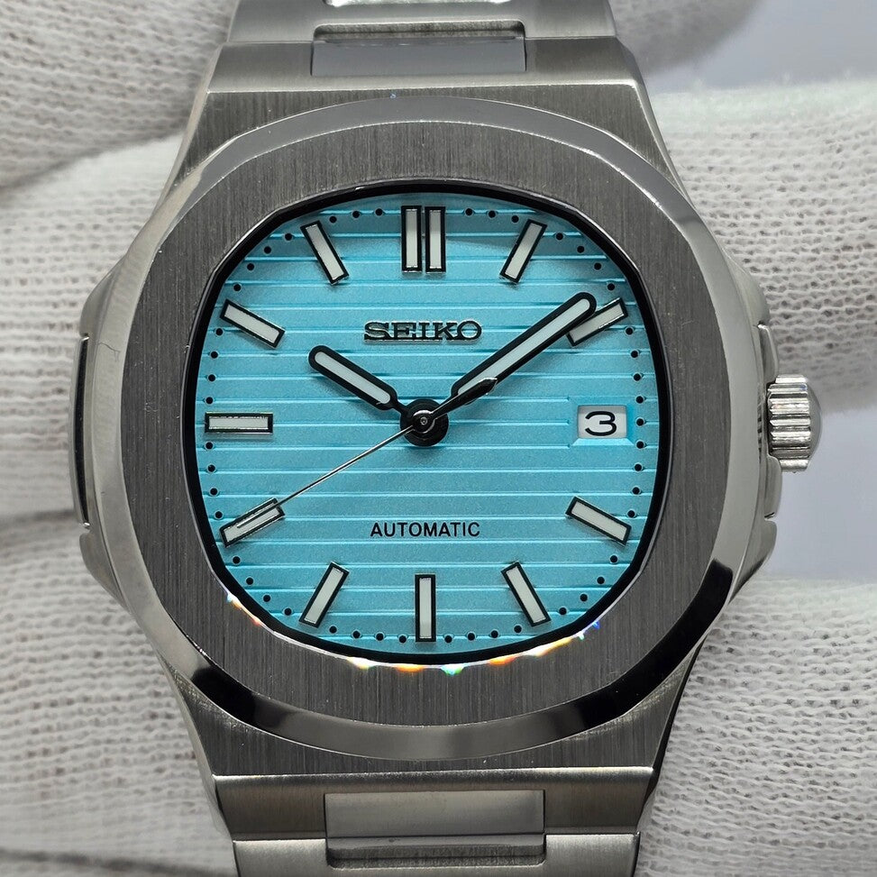 Close up Seiko Mod Nautilus Tiffany showing dial texture and applied indices detail