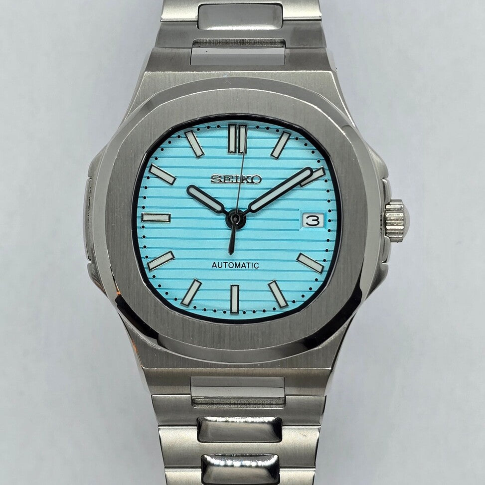 Front view Seiko Mod Nautilus Tiffany emphasizing balanced dial and brushed case finish