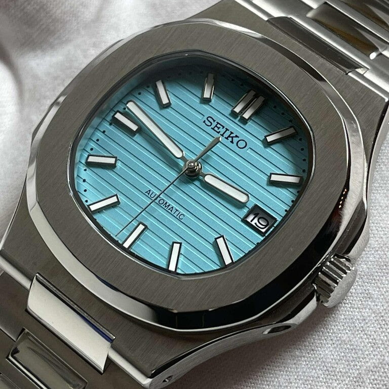 Right angle Seiko Mod Nautilus Tiffany highlighting crown and case profile