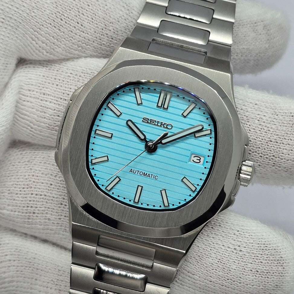 Top view Seiko Mod Nautilus Tiffany showing full layout of dial and integrated bracelet