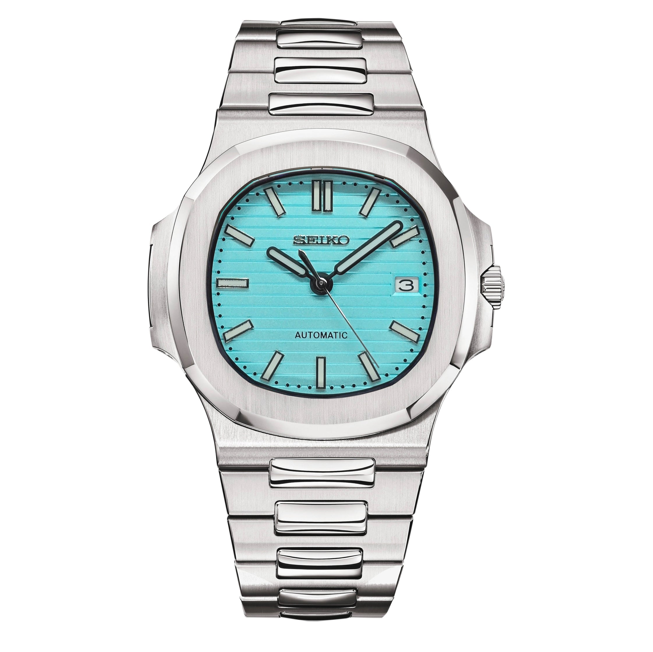 Front view Seiko Mod Nautilus Tiffany showing full turquoise dial and stainless bracelet