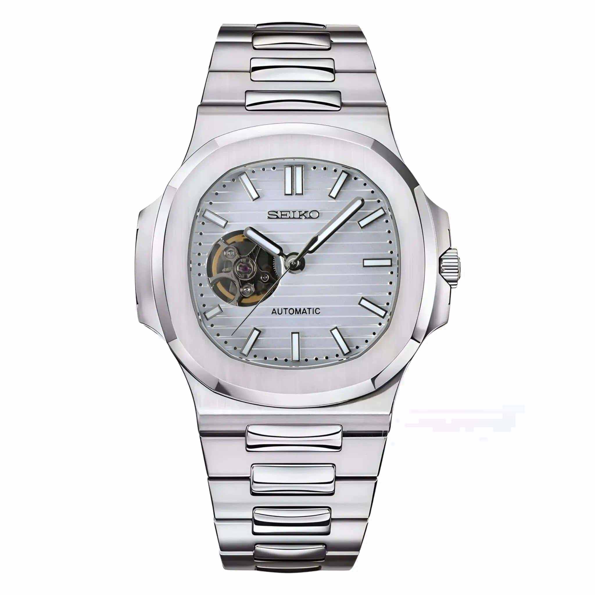 Seiko Mod Nautilus White Open Heart – Edelstahl mit offener Unruh