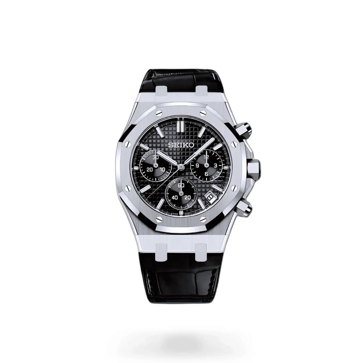 Front view of the Seiko Mod Royal Oak chronograph watch with Seiko VK63 hybrid movement, black textured dial, three functional subdials, and black leather strap