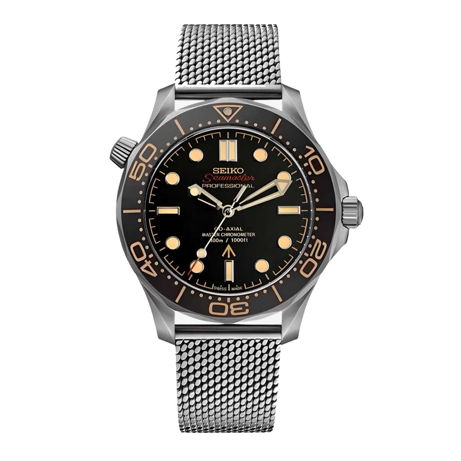 Seiko mod Seamaster James Bond 007 automatic dive watch black dial with mesh bracelet