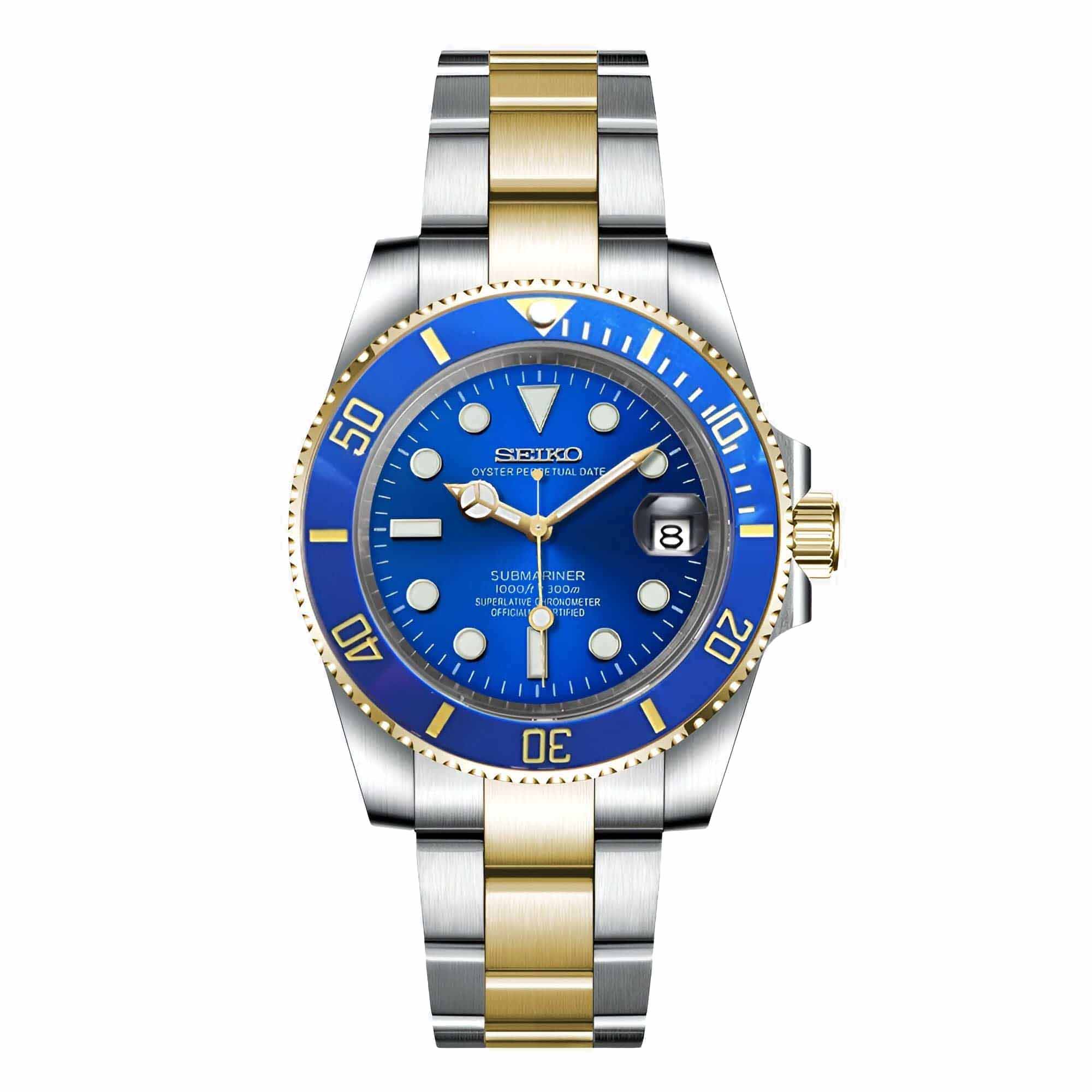 Seiko Mod Submariner Blue – Blaues Zifferblatt und blaue Lünette, Bicolor-Edelstahl und Goldarmband