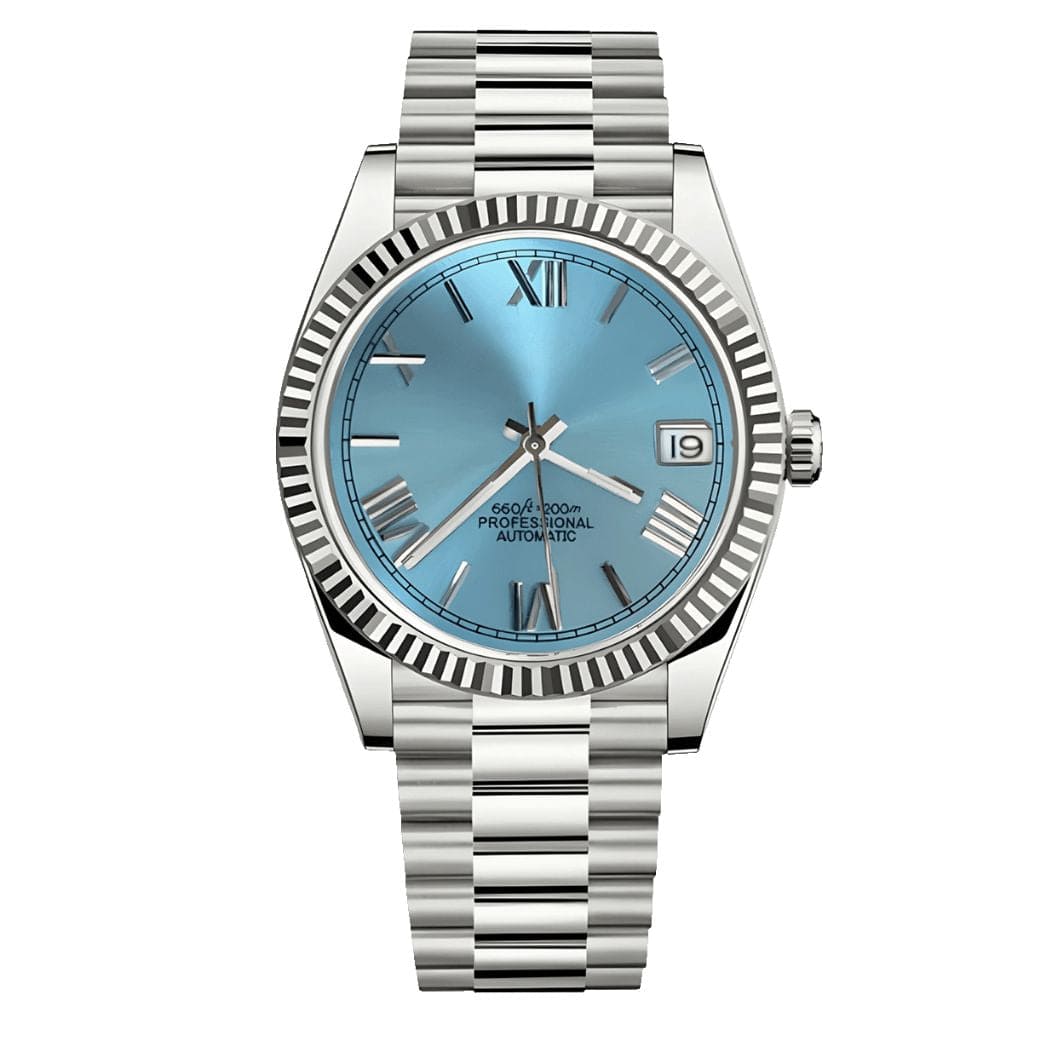 Seiko Mod Datejust Ice Blue Automatik Uhr mit eisblauem Zifferblatt und römischen Ziffern