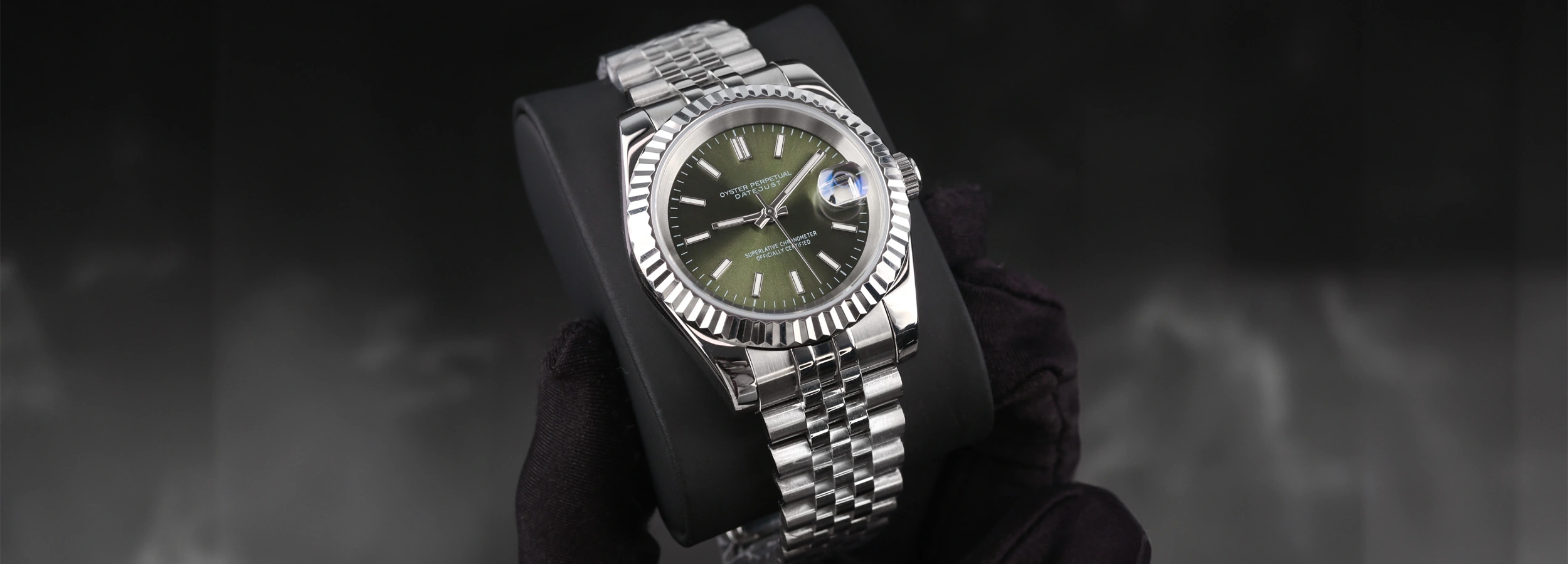 Seiko Mod Datejust Mint Green with green dial, fluted bezel and stainless steel Jubilee bracelet