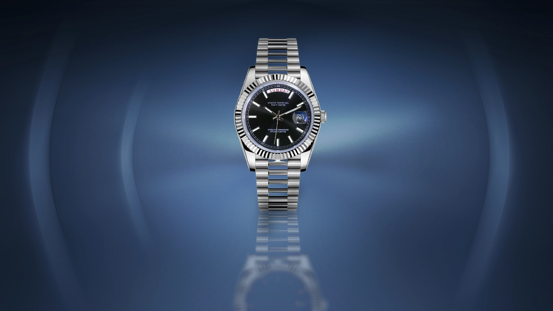Seiko Mod Day-Date Style mit schwarzem Zifferblatt, Edelstahlarmband und klassischem Luxusuhren-Look.