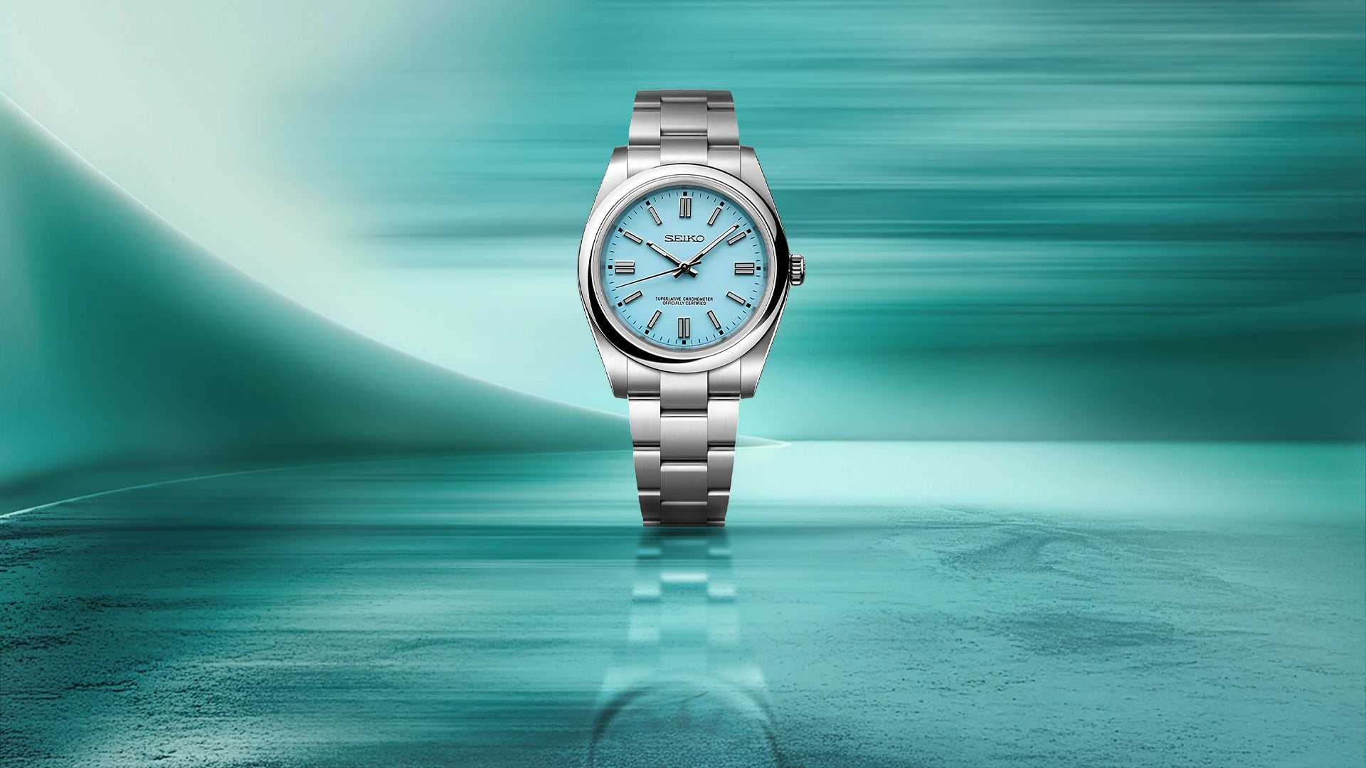 Seiko Mod im Oyster-Stil mit Tiffany Blue Zifferblatt und Edelstahlarmband, inspiriert von Luxusuhren.