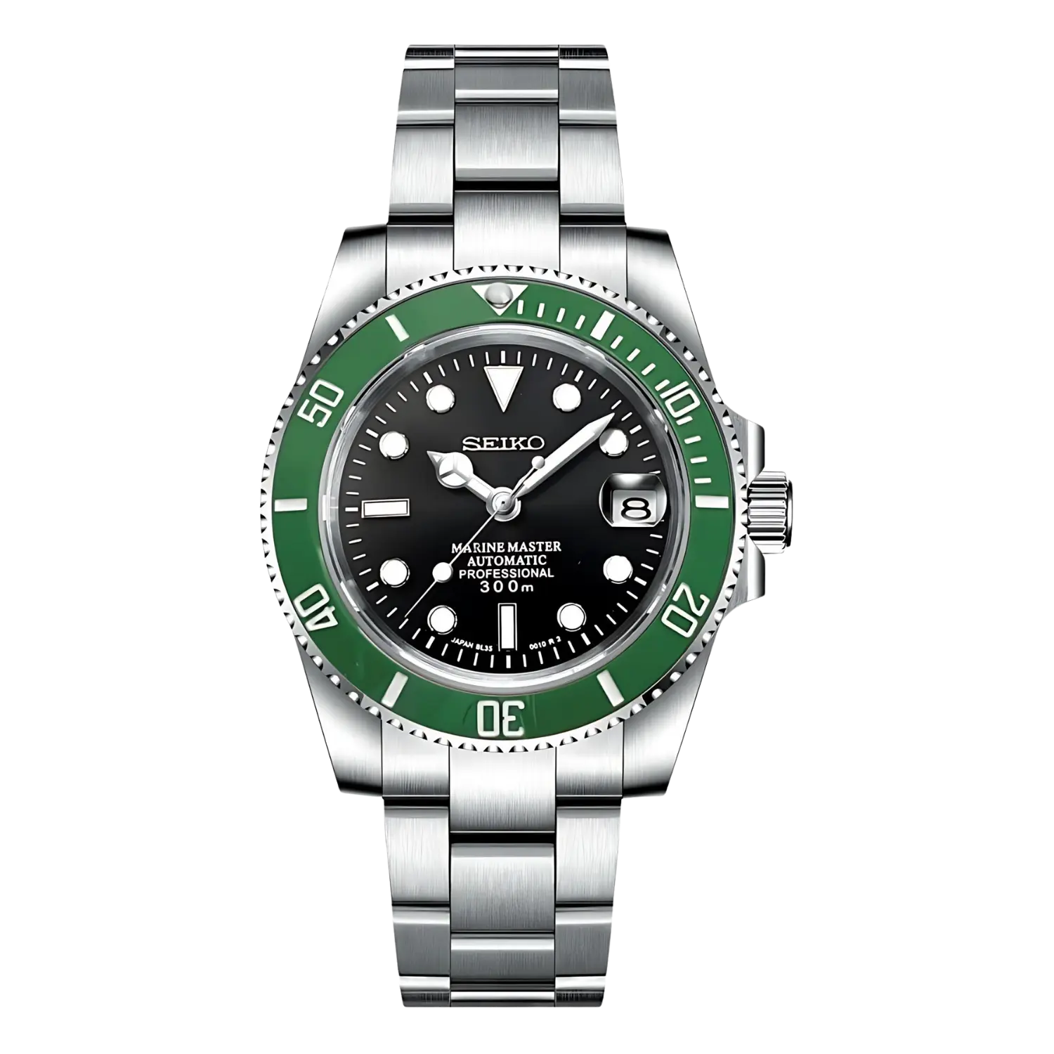 Seiko Mod Submariner Kermit mit grünem Lünettenring, schwarzem Zifferblatt und Edelstahlarmband – automatische Taucheruhr inspiriert vom klassischen Submariner-Design.