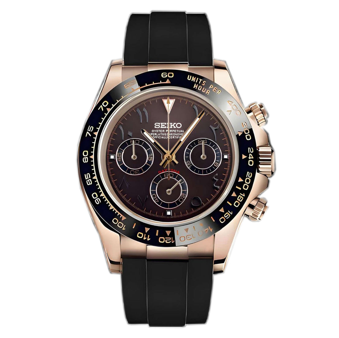 Seiko Mod Daytona Rose Gold Brown Arabic Chronograph mit VK63 Uhrwerk, braunem Zifferblatt, arabischen Ziffern, schwarzen Totalisatoren, Tachymeter-Lünette und Roségold-Gehäuse