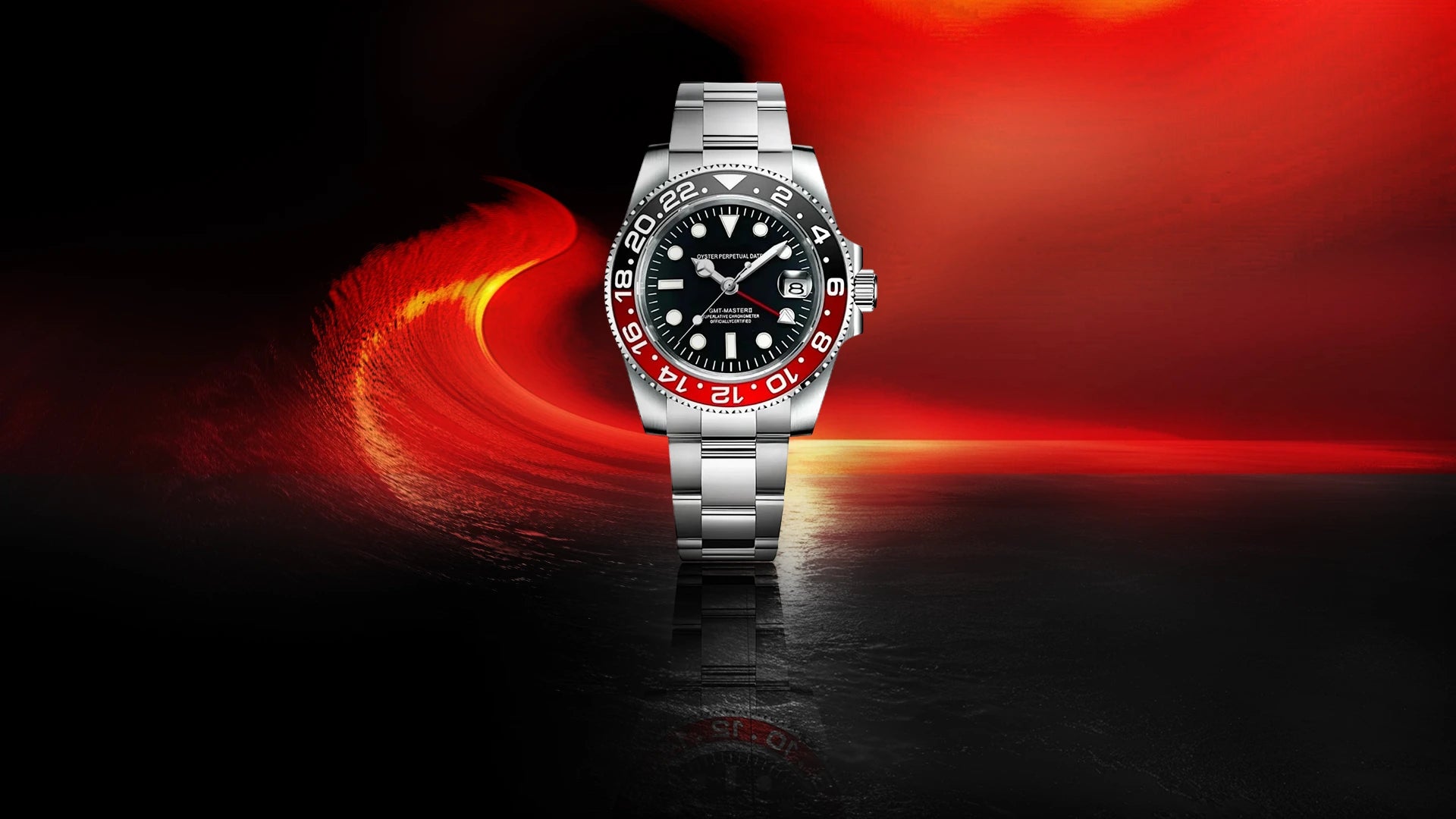 GMT Coke Gesamtansicht, rot-schwarze Keramiklünette, Jubilee Edelstahlarmband, GMT Master Stil, NH34 Automatikuhr