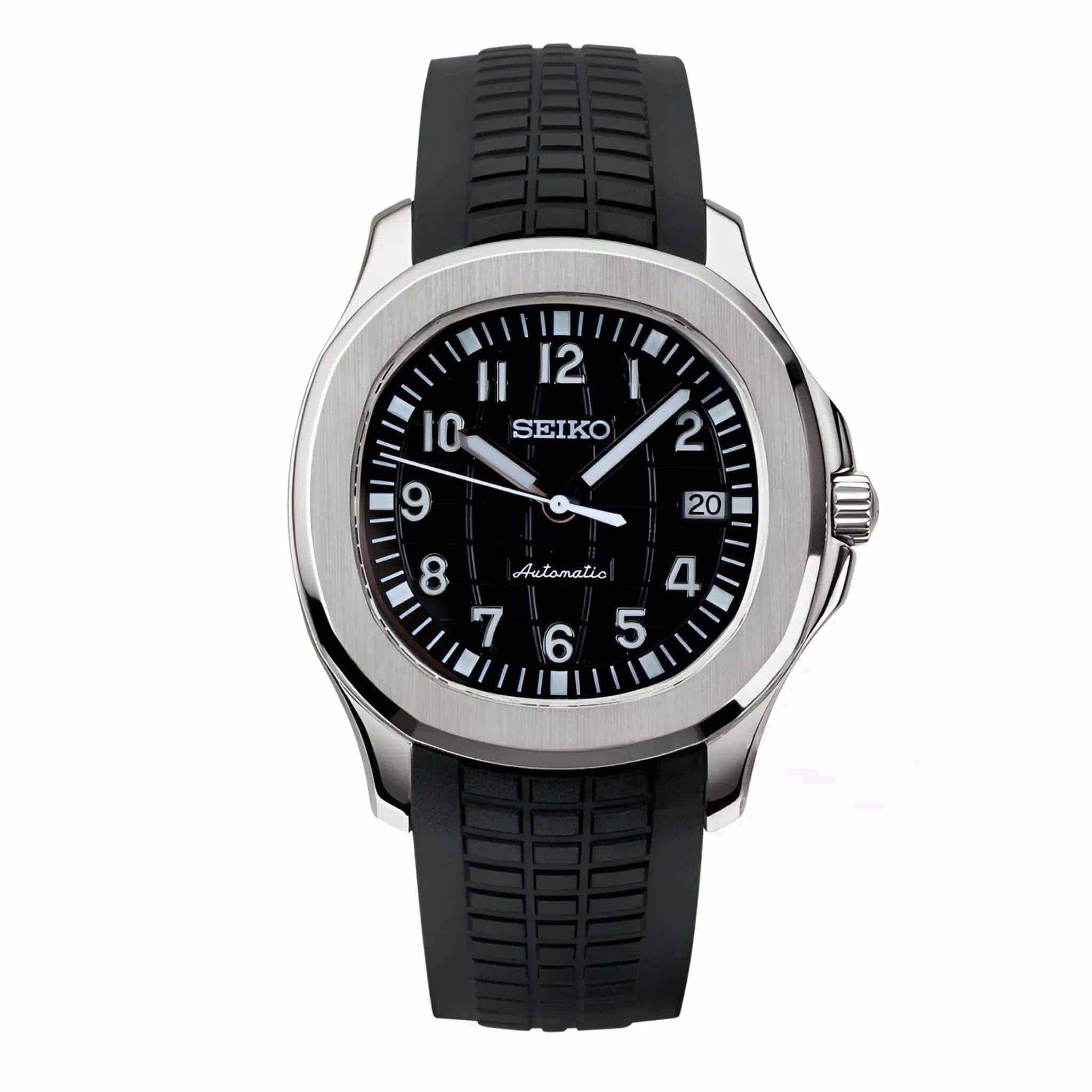 Seiko Mod Aquanaut Black Automatikuhr mit NH35 Uhrwerk, schwarzem Zifferblatt, Edelstahlgehäuse und schwarzem Kautschukarmband