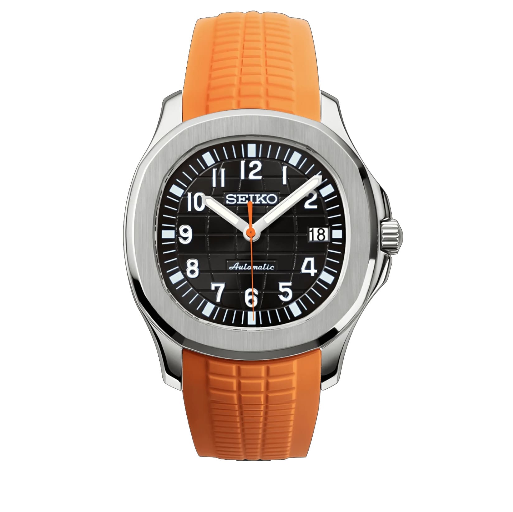 Seiko Mod Aquanaut Black Orange Automatikuhr mit schwarzem Zifferblatt und orangen Akzenten, Sportuhr