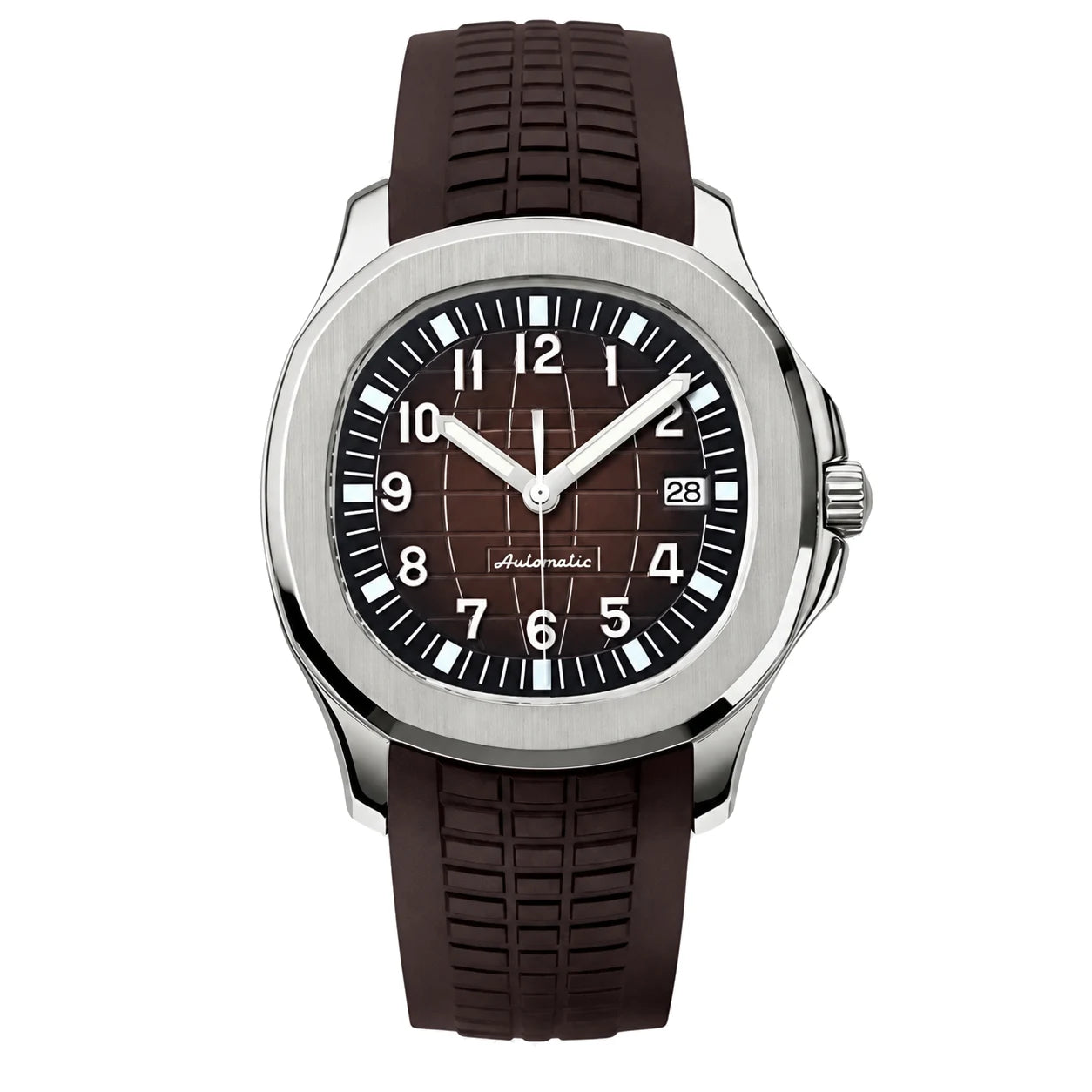 Zentrierte Produktansicht der Seiko Mod Aquanaut mit braunem Zifferblatt und farblich passendem Kautschukarmband.