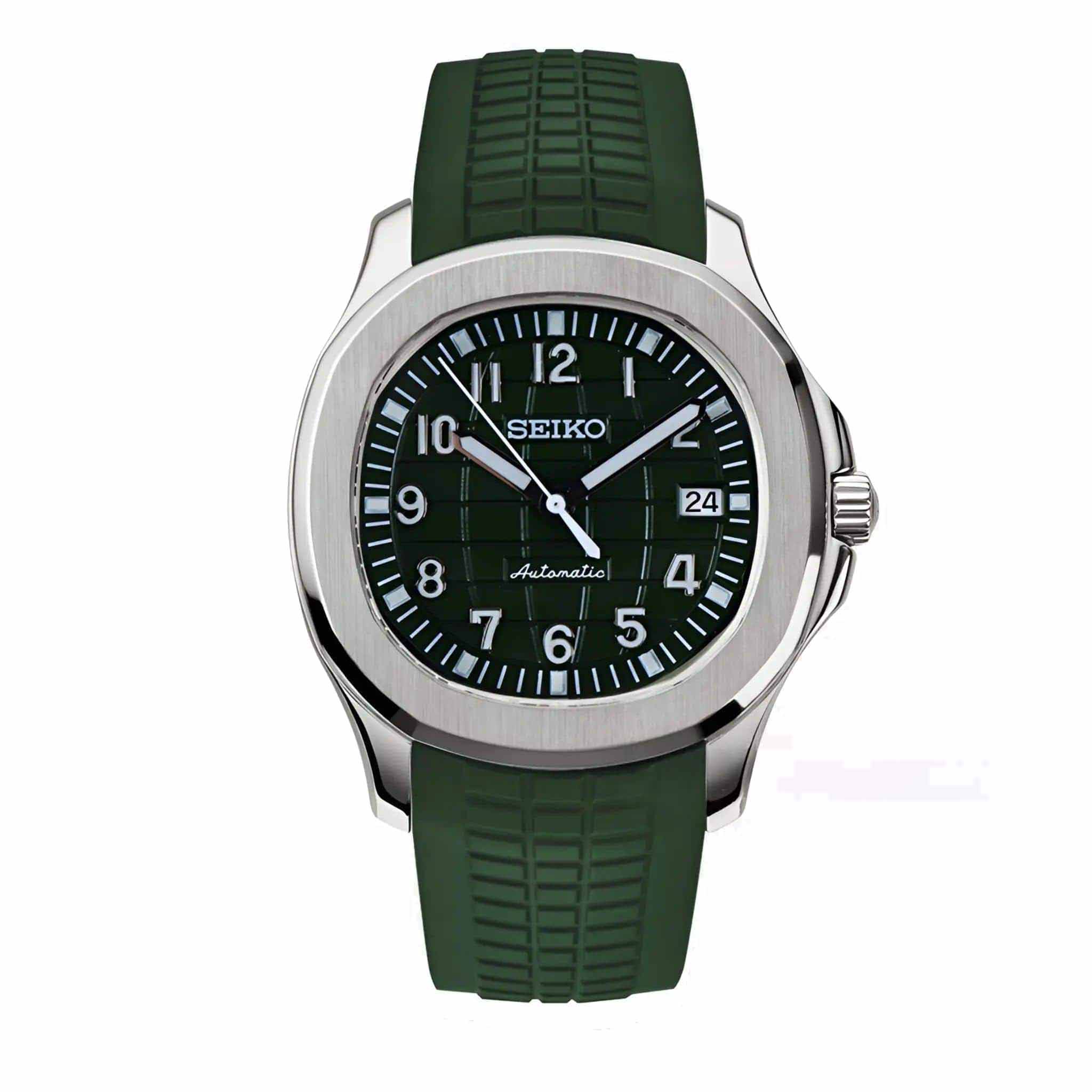 Seiko Mod Aquanaut Green Automatikuhr mit NH35 Uhrwerk, grünem Zifferblatt, Edelstahlgehäuse und grünem Kautschukarmband