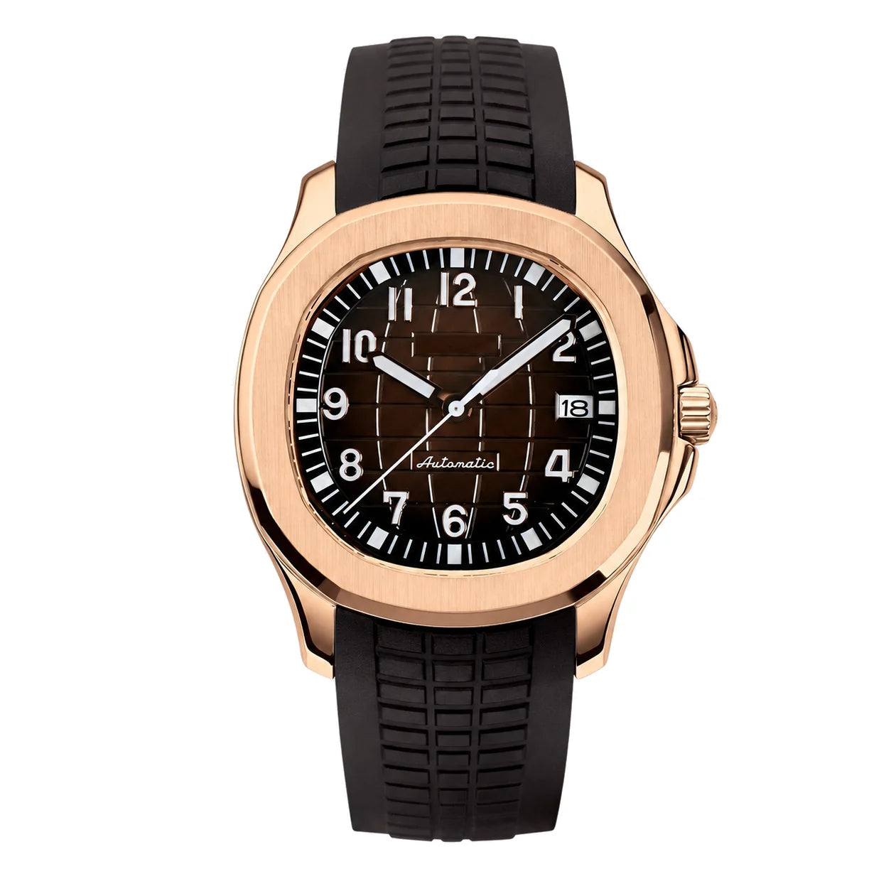 Zentrierte Produktansicht der Seiko Mod Aquanaut mit braunem strukturiertes Zifferblatt und Kautschukarmband.